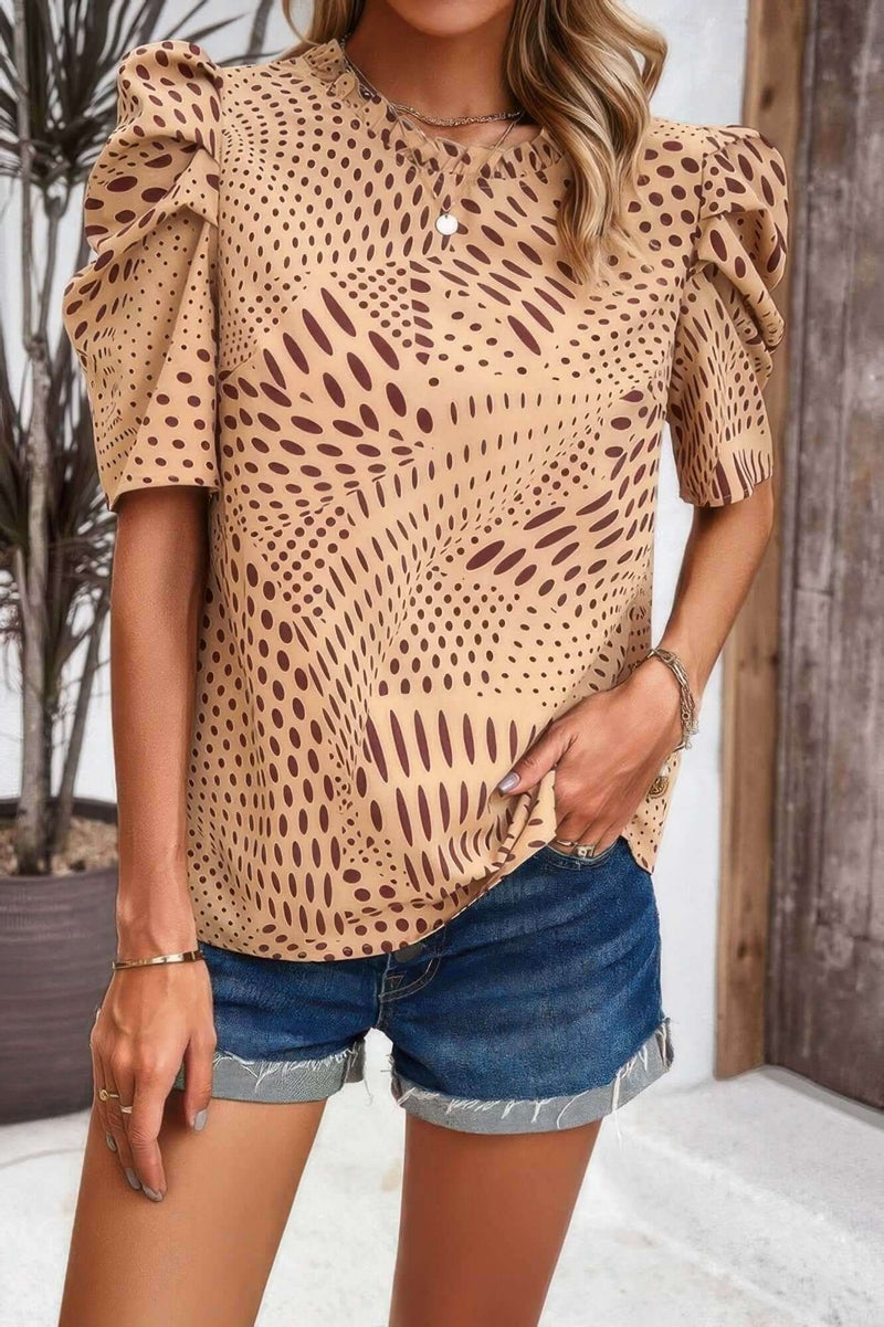 Puff Sleeves Allover Print Knot Loose Fit Top - Fit Me For 20