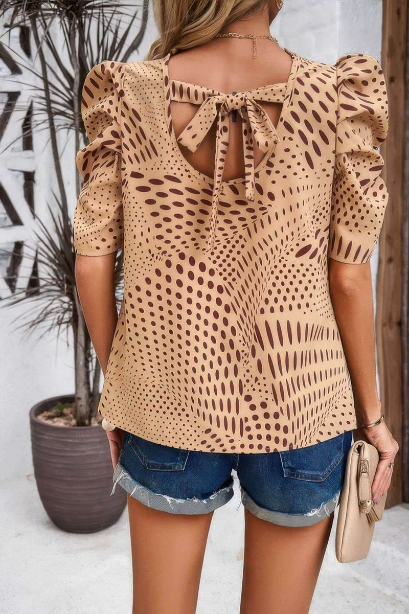 Puff Sleeves Allover Print Knot Loose Fit Top - Fit Me For 20