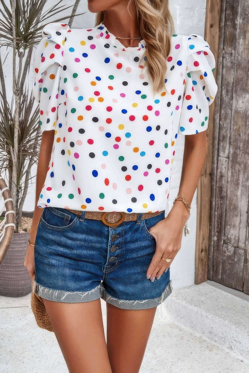 Puff Sleeves Allover Print Knot Loose Fit Top - Fit Me For 20