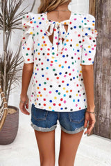 Puff Sleeves Allover Print Knot Loose Fit Top - Fit Me For 20