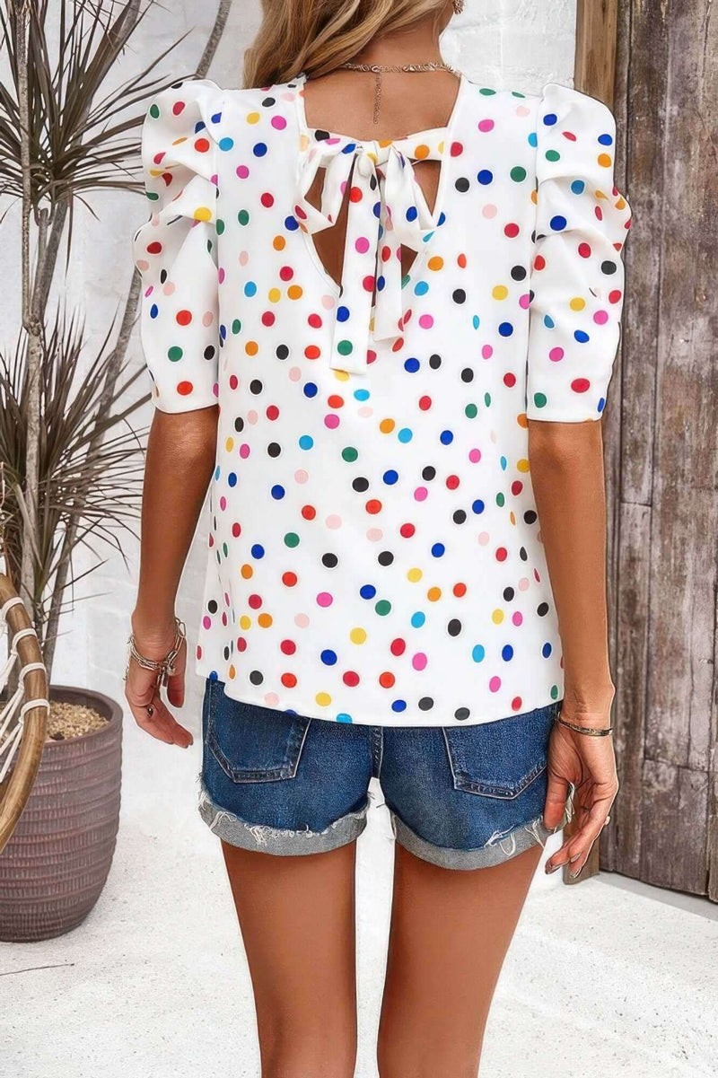 Puff Sleeves Allover Print Knot Loose Fit Top - Fit Me For 20