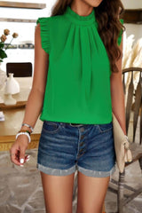 Solid Frill Trim Mock Neck Sleeveless Tunic Blouse - Fit Me For 20