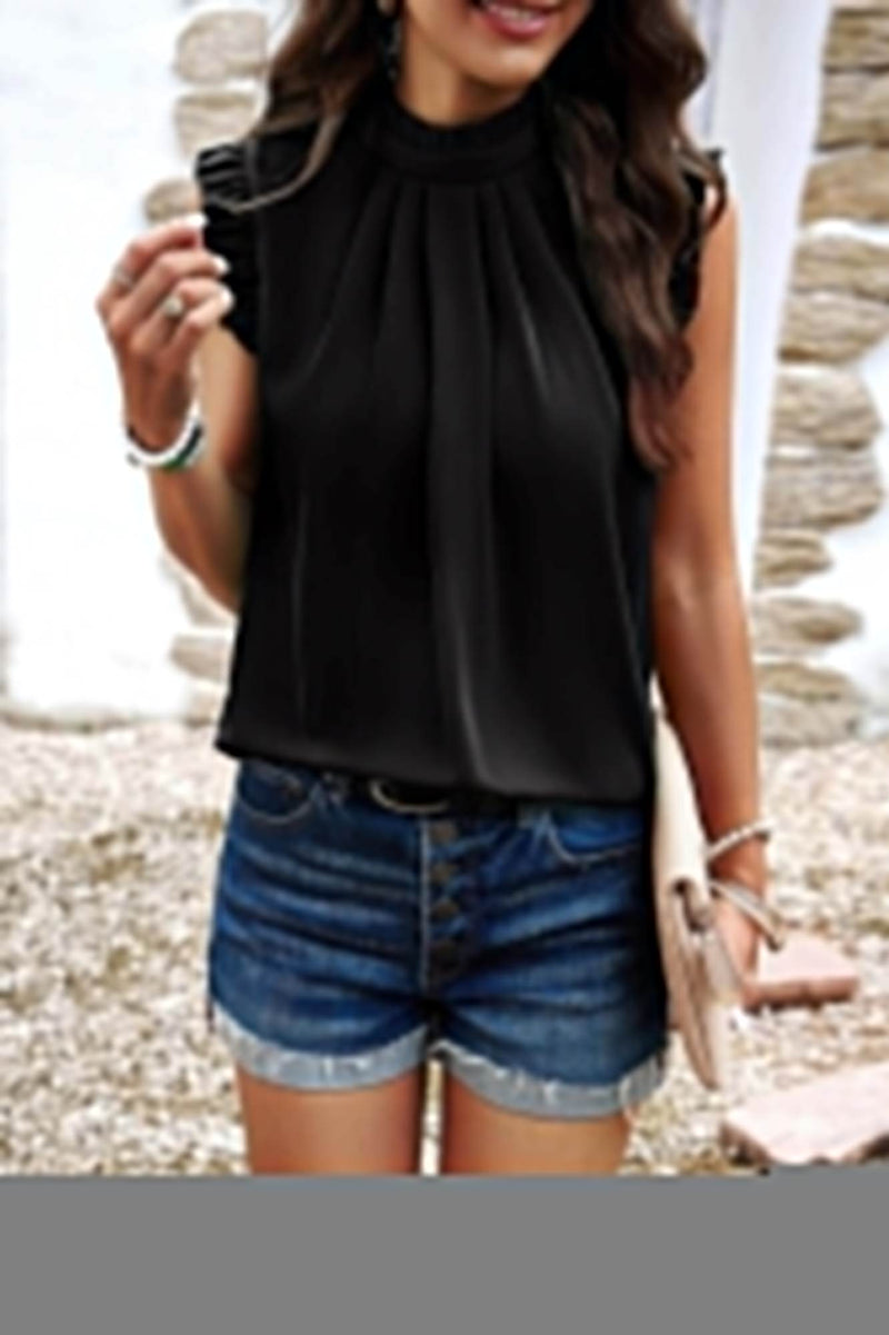Solid Frill Trim Mock Neck Sleeveless Tunic Blouse - Fit Me For 20
