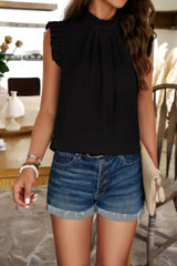 Solid Frill Trim Mock Neck Sleeveless Tunic Blouse - Fit Me For 20