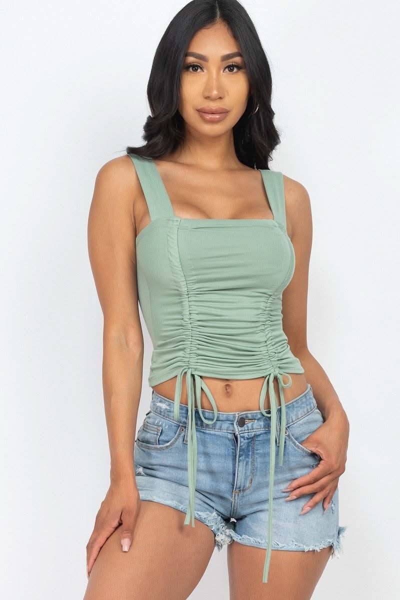 Adjustable Front Ruched With String Square Neck Crop Tops - Fit Me For 20