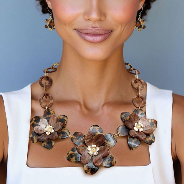 Collar Marbled Leopard Links 3D Flower Necklace - Fit Me For 20
