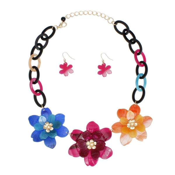 Collar Marbled Multicolor Links 3D Flower Necklace - Fit Me For 20
