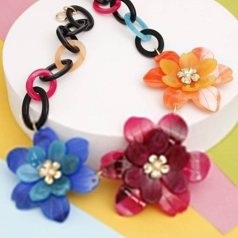 Collar Marbled Multicolor Links 3D Flower Necklace - Fit Me For 20
