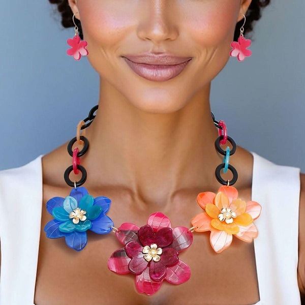 Collar Marbled Multicolor Links 3D Flower Necklace - Fit Me For 20