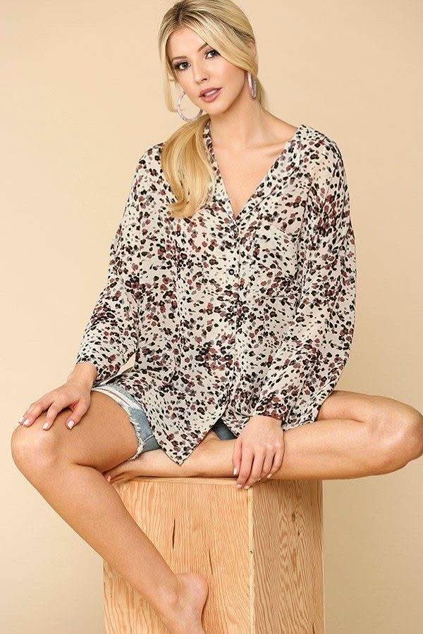 Animal Print Button Down Lapel Collar Shirt With Chest Pocket - Fit Me For 20