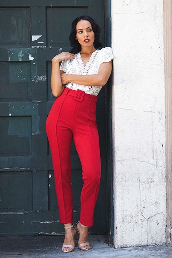 Ankle Tapered Self-fabric Buckle Belt Pants - Fit Me For 20