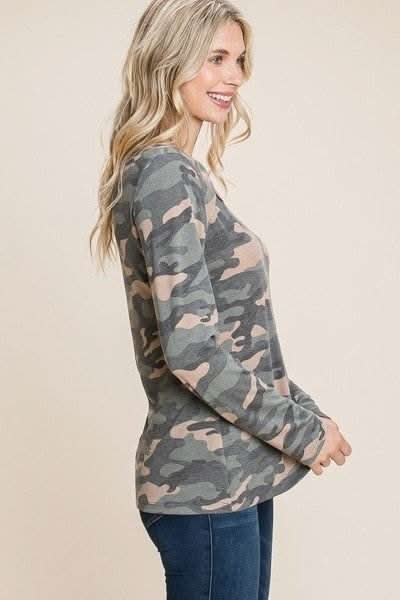 Army Camo Printed Cut Out Neckline Long Sleeves Casual Basic Top - Fit Me For 20