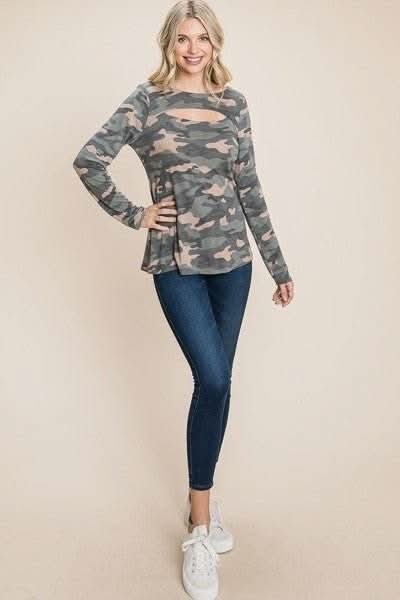 Army Camo Printed Cut Out Neckline Long Sleeves Casual Basic Top - Fit Me For 20
