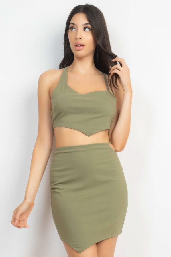 Asymmetrical Cross Back Top & Skirts Set - Fit Me For 20