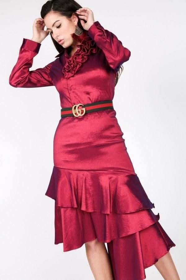 Asymmetrical Ruffle Bottom Satin Skirt - Fit Me For 20