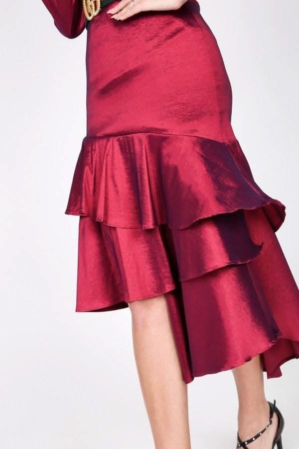 Asymmetrical Ruffle Bottom Satin Skirt - Fit Me For 20