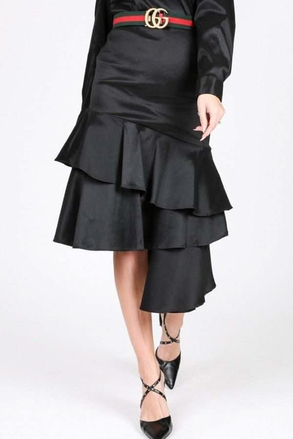 Asymmetrical Ruffle Bottom Satin Skirt - Fit Me For 20