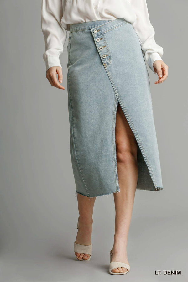 Asymmetrical Waist And Button Up Front Split Denim Skirt With Back Pockets And Unfinished Hem - Fit Me For 20