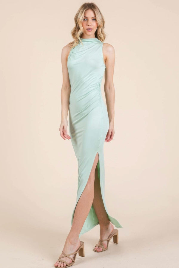 Back Cut Out Side Shirring Side Slit Maxi Dress - Fit Me For 20