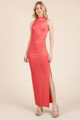 Back Cut Out Side Shirring Side Slit Maxi Dress - Fit Me For 20