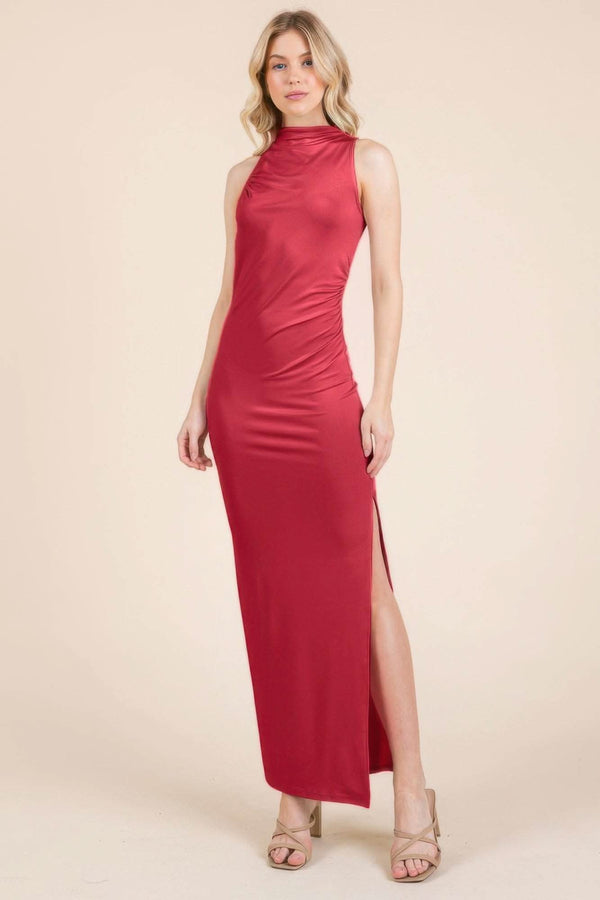 Back Cut Out Side Shirring Side Slit Maxi Dress - Fit Me For 20