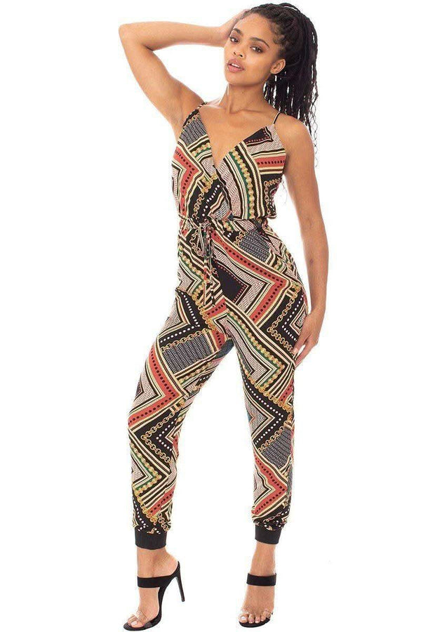 Boarder Print Wrap Drawstring Waist Jumpsuit - Fit Me For 20