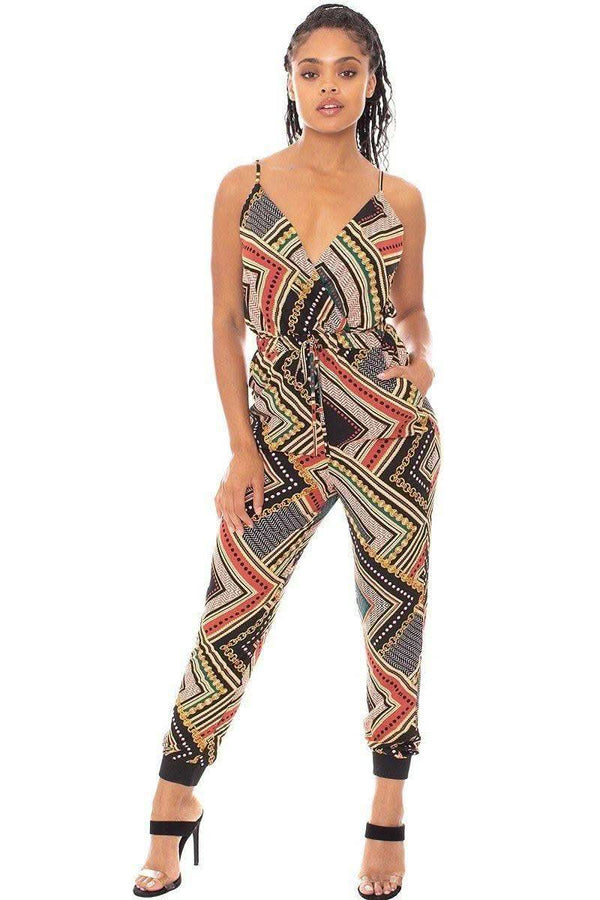 Boarder Print Wrap Drawstring Waist Jumpsuit - Fit Me For 20