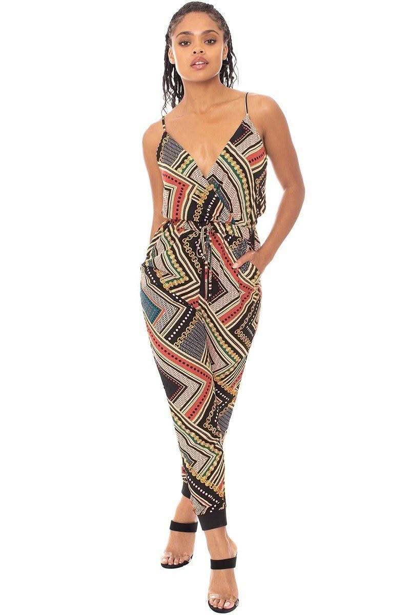 Boarder Print Wrap Drawstring Waist Jumpsuit - Fit Me For 20