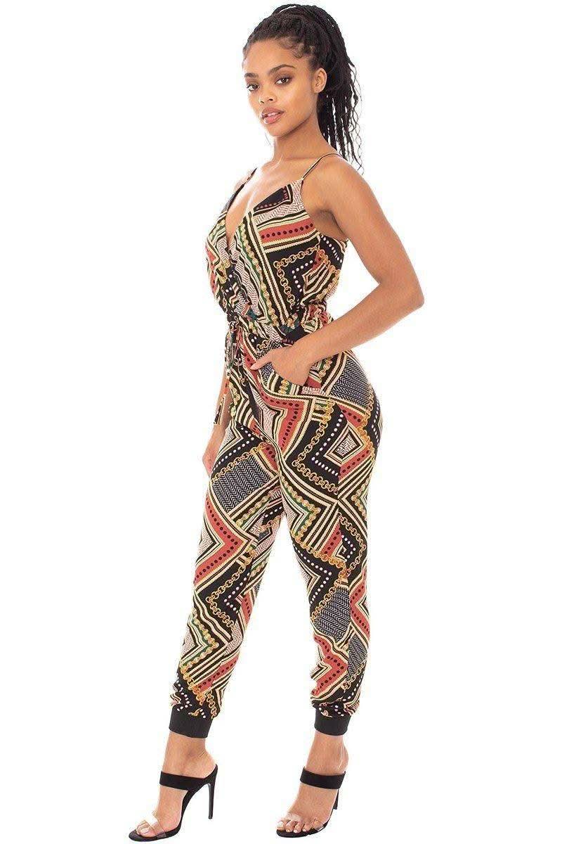 Boarder Print Wrap Drawstring Waist Jumpsuit - Fit Me For 20