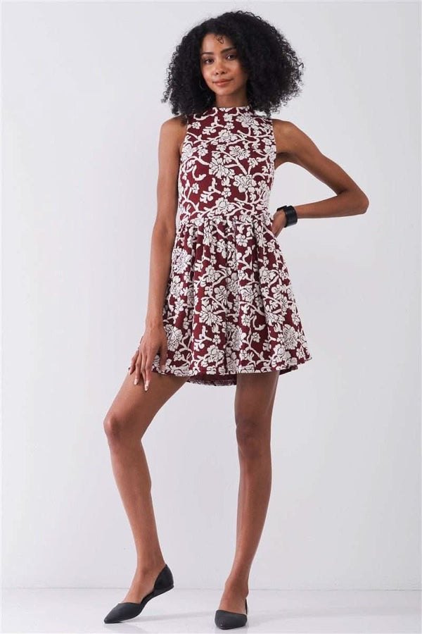 Burgundy & White Floral Crew Neck Sleeveless Fitted Mini Dress - Fit Me For 20