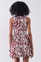 Burgundy & White Floral Crew Neck Sleeveless Fitted Mini Dress - Fit Me For 20