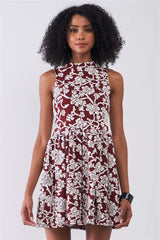 Burgundy & White Floral Crew Neck Sleeveless Fitted Mini Dress - Fit Me For 20