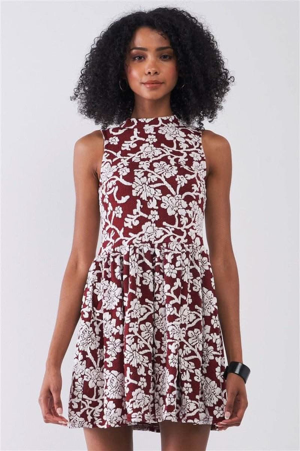 Burgundy & White Floral Crew Neck Sleeveless Fitted Mini Dress - Fit Me For 20