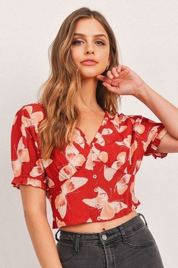 Butterfly Vneck Crop Smocked Back Waist - Fit Me For 20