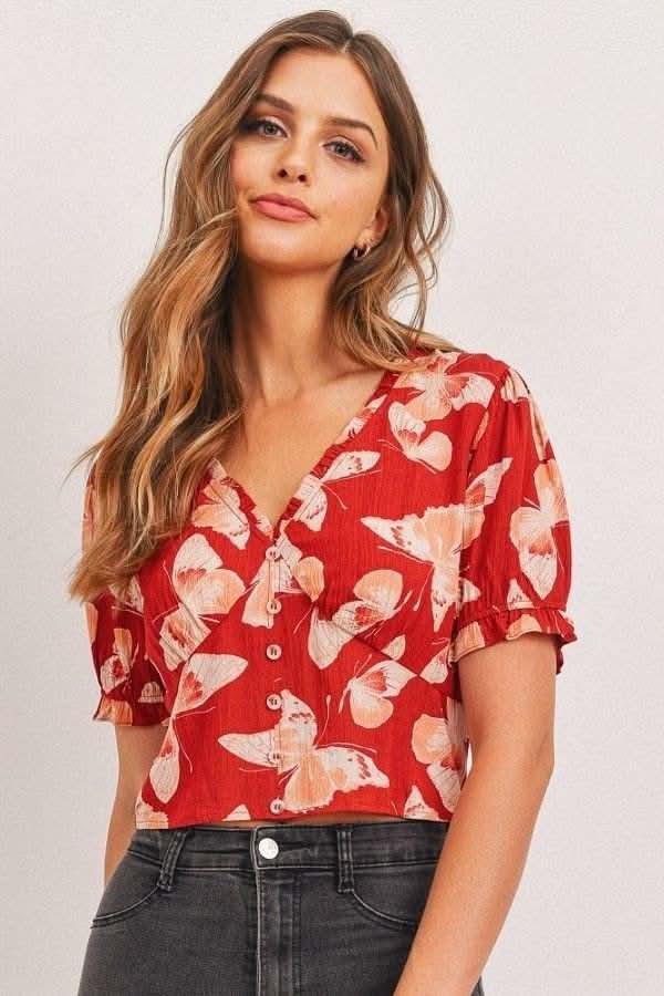 Butterfly Vneck Crop Smocked Back Waist - Fit Me For 20
