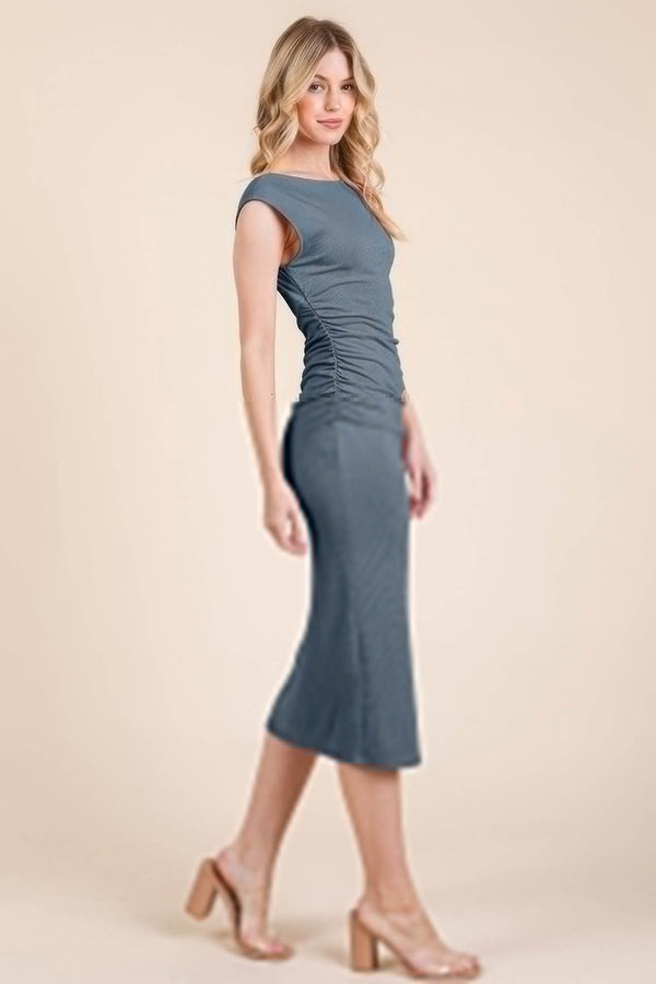 Cap Sleeve Boatneck Open Back Midi Dress - Fit Me For 20