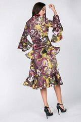 Cascade Ruffle Sleeve Frill Tiered Bottom Print Midi Dress - Fit Me For 20