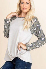 Casual French Terry Side Twist Top With Animal Print Long Sleeves - Fit Me For 20