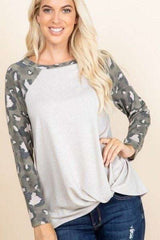 Casual French Terry Side Twist Top With Animal Print Long Sleeves - Fit Me For 20