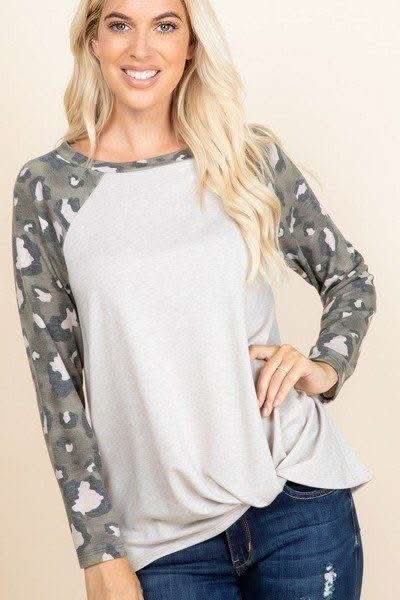 Casual French Terry Side Twist Top With Animal Print Long Sleeves - Fit Me For 20