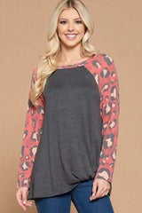 Casual French Terry Side Twist Top With Animal Print Long Sleeves - Fit Me For 20