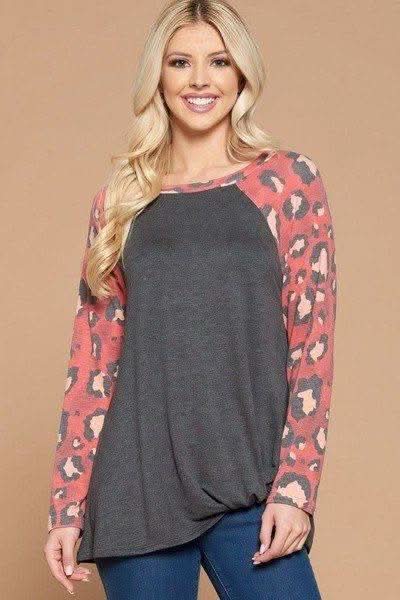 Casual French Terry Side Twist Top With Animal Print Long Sleeves - Fit Me For 20