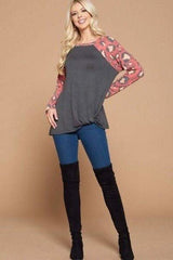 Casual French Terry Side Twist Top With Animal Print Long Sleeves - Fit Me For 20