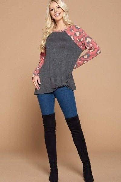 Casual French Terry Side Twist Top With Animal Print Long Sleeves - Fit Me For 20