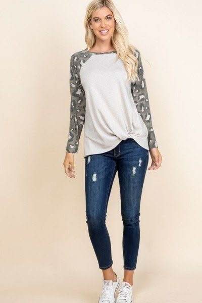 Casual French Terry Side Twist Top With Animal Print Long Sleeves - Fit Me For 20