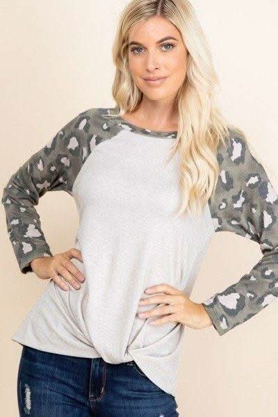 Casual French Terry Side Twist Top With Animal Print Long Sleeves - Fit Me For 20