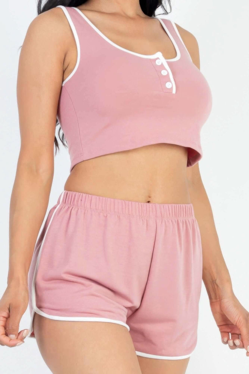 Casual French Terry Sleeveless Button Front Contrast Trim Cropped Tank Top And Shorts Set - Fit Me For 20