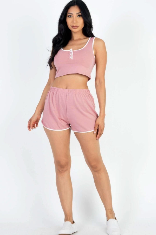 Casual French Terry Sleeveless Button Front Contrast Trim Cropped Tank Top And Shorts Set - Fit Me For 20