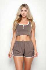 Casual French Terry Sleeveless Button Front Contrast Trim Cropped Tank Top And Shorts Set - Fit Me For 20