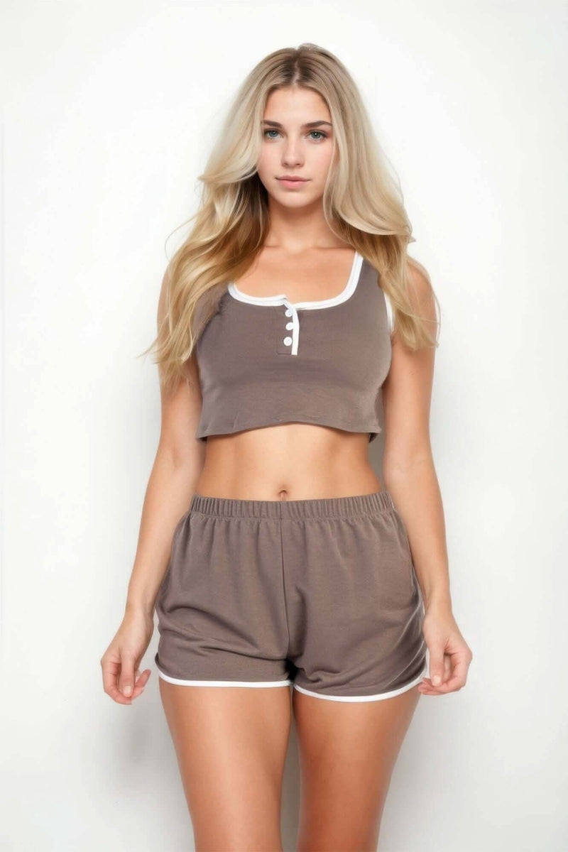 Casual French Terry Sleeveless Button Front Contrast Trim Cropped Tank Top And Shorts Set - Fit Me For 20